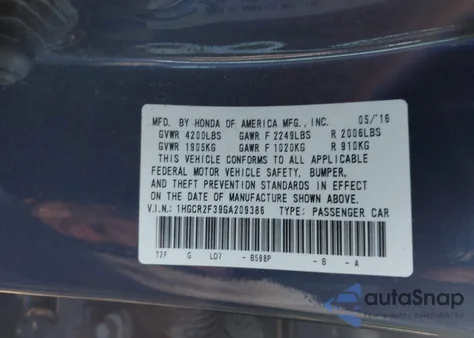 2016 Honda Accord Lx z USA, uszkodzony, nr VIN 1HGCR2F39GA209386